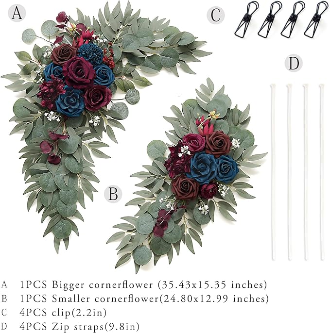 Navy and Burgundy Flower for Wedding Welcome Signs Decorations, Artificial Burgundy Wedding Arch Flowers for Wedding Ceremony (Set of 2)