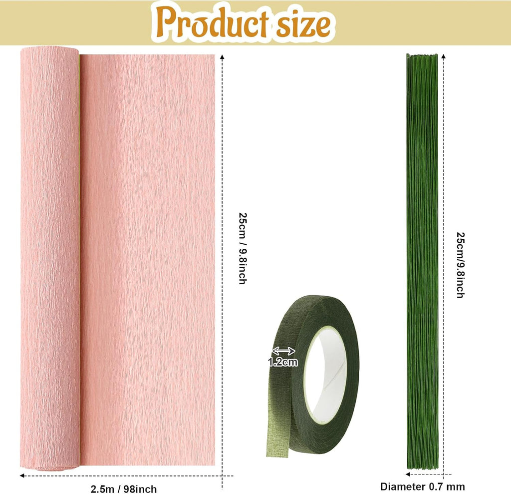 Gersoniel 57 Pcs Crepe Paper Flower DIY Kits 6 Rolls 35g Papel Crepe Sheets 50 Pcs Floral Iron Wire 10 Inch x 8 Feet 1 Roll 50 Meter for Birthday Party Wedding(Pink Series)