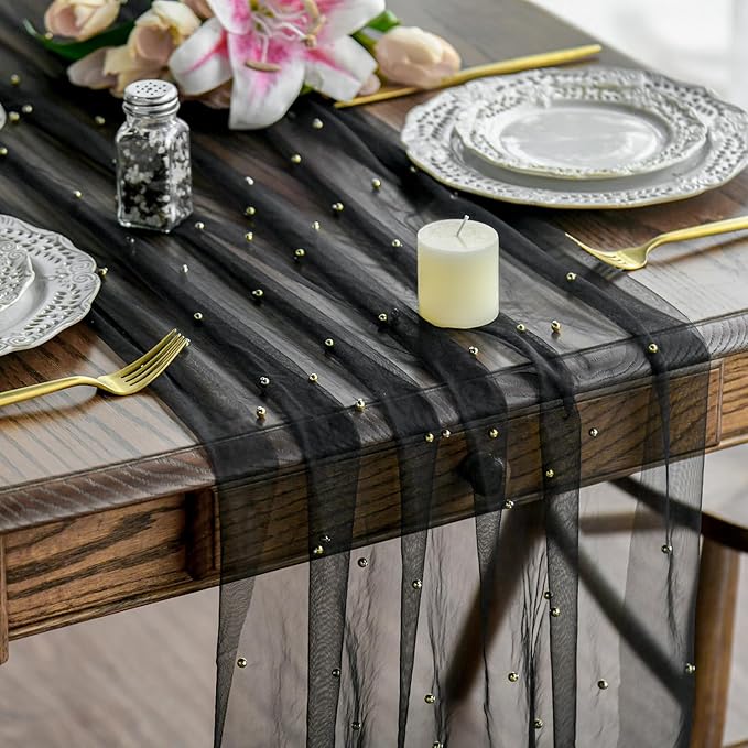 Artoid Mode Pearl Black Gauze Table Runner 59x120 Inch , Seasonal Sheer Kitchen Dining Holiday Wedding Birthday Baby Shower Table Decor for Home Party