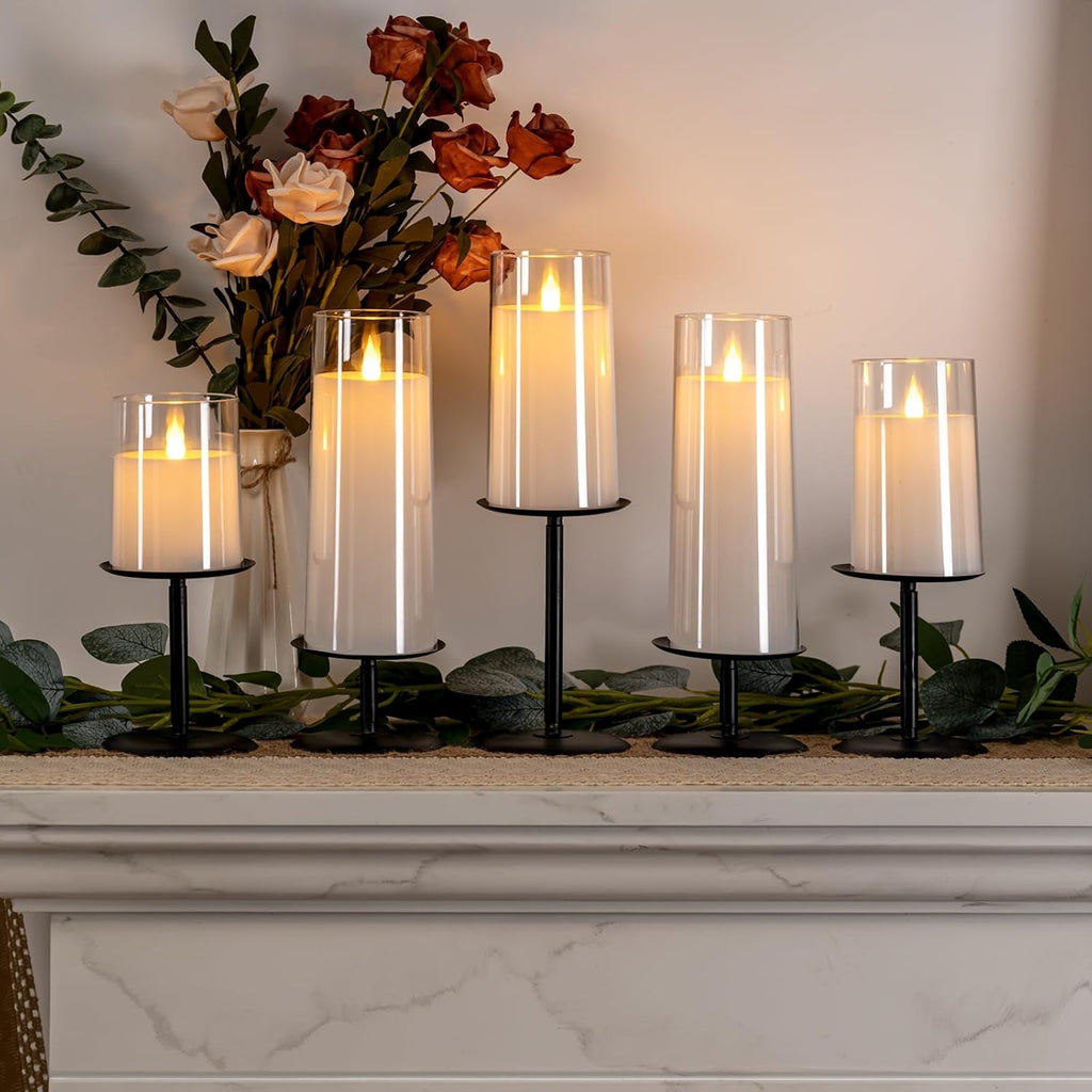 Homemory Christmas Metal Fall Candle Holders Stands for Pillar Candles Set of 5, Candleholder Sets for Table Centerpiece Fireplace (5, Black)