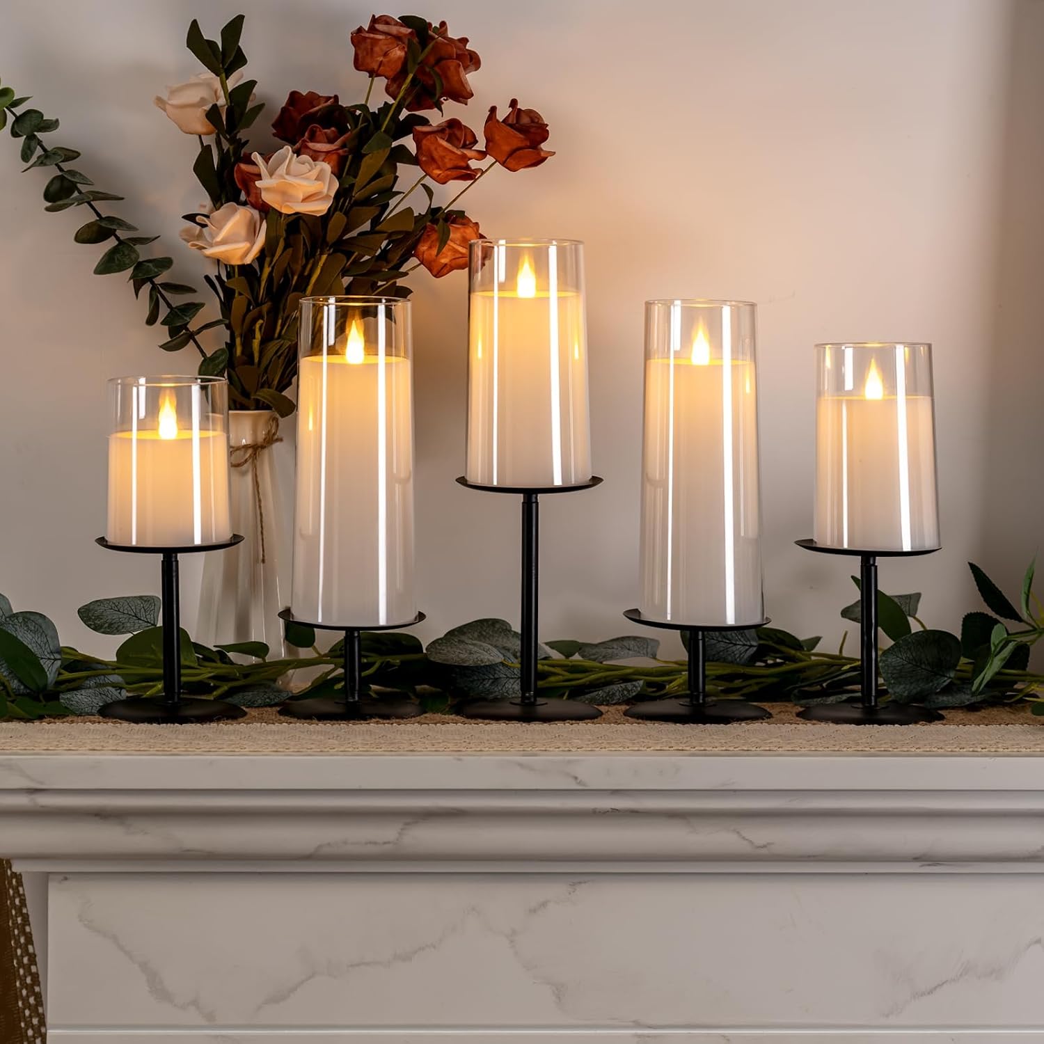 Homemory Christmas Metal Fall Candle Holders Stands for Pillar Candles Set of 5, Candleholder Sets for Table Centerpiece Fireplace (5, Black)
