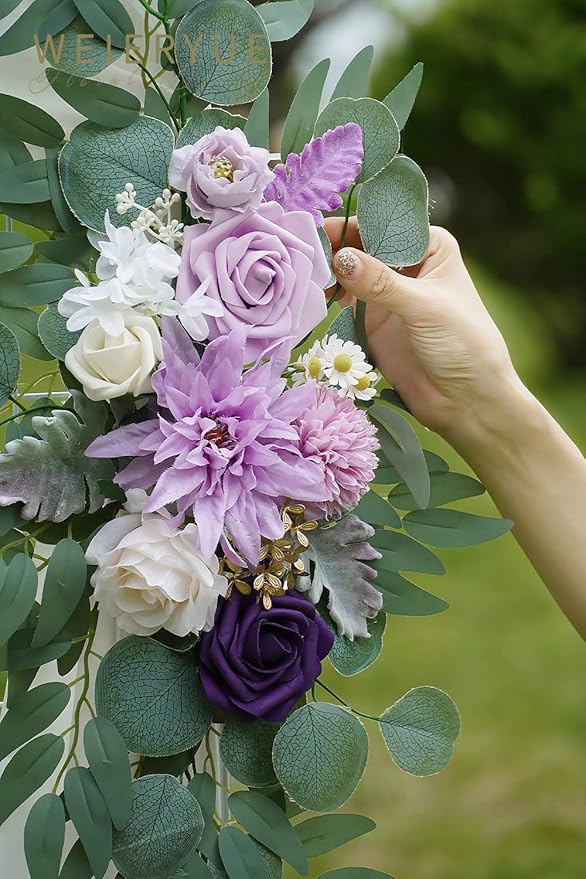 Artificial Wedding Arch Flowers Kit(Pack of 3),2Pcs Artificial Flower Arch Decor,1Pcs Sheer Drape for Wedding Ceremony Arbor for WeddingCeremony (Lavender & Cream)