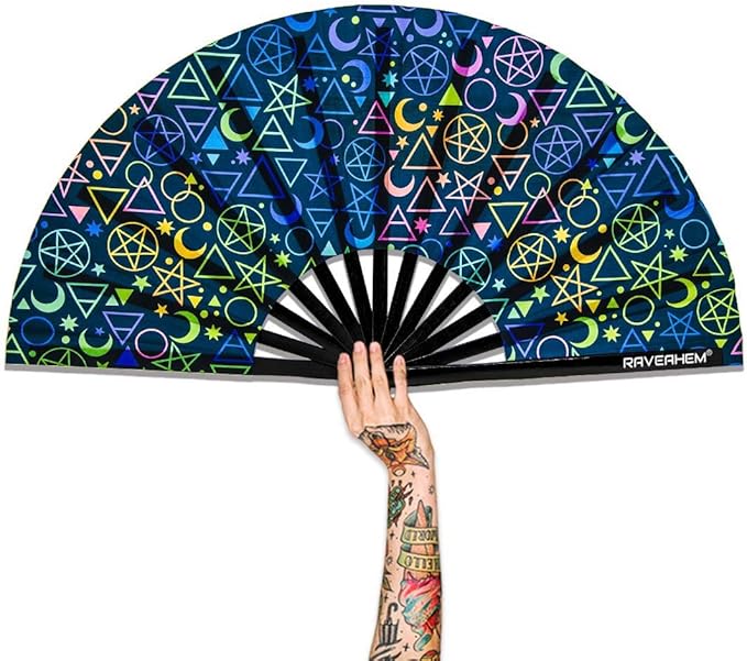 UV Glow Rave Fan, Bamboo Folding Clack Hand Fans Foldable for Men Women, Boots on the Ground Poping Fan for EDM Festival Line Dance Decoration, (Alchemical Signs, Large 13")