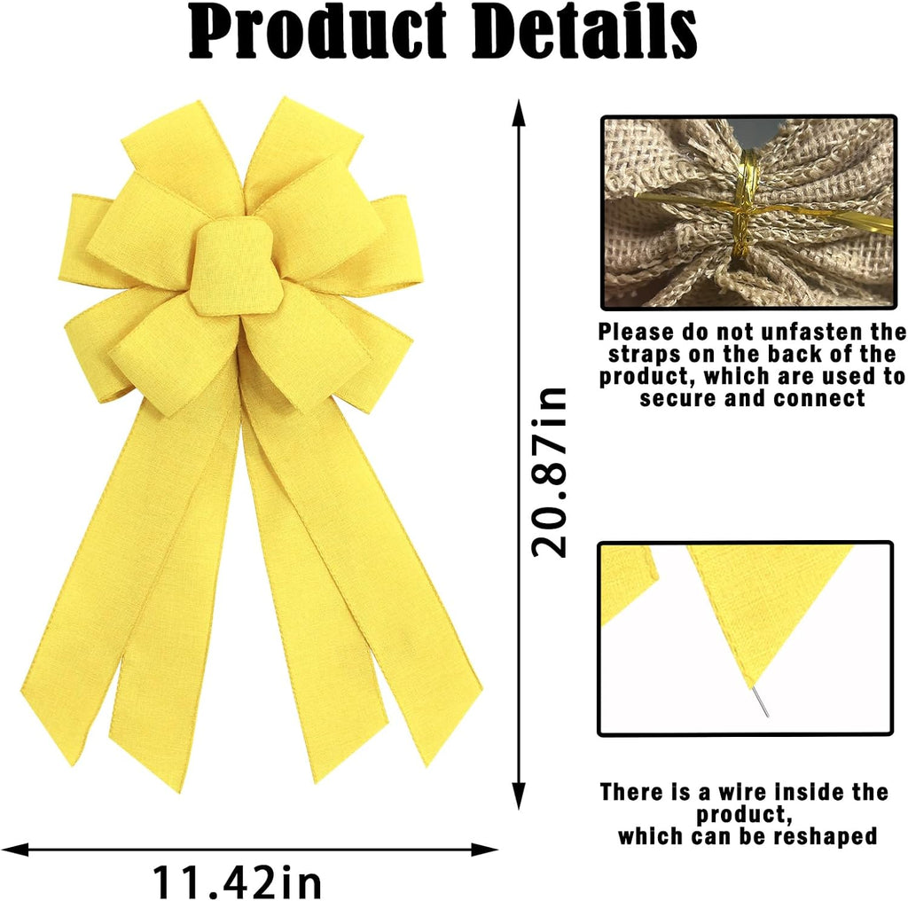 Large Yellow Wreath Bow for Front Door, Fall Thanksgiving Bows Christmas Farmhouse Bow for Wreath Tree Ornament Home Decorations