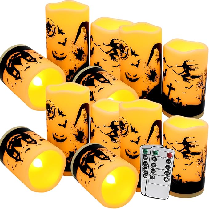 12-Pack Halloween-Flameless Led Pillar Candles，Remote Control and Timer Functions,