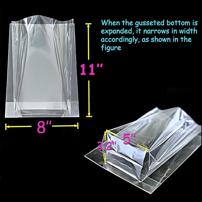 PigPotParty Cellophane Bags 8"x11", 50 Pack Clear Gift Bags, 3.15" Bottom Gusset for Stand-Up Display, Plastic Cellophane Gift Wrap, Ideal for Goodies, Treats, Party Favors, Mugs, Includes 50 Ties