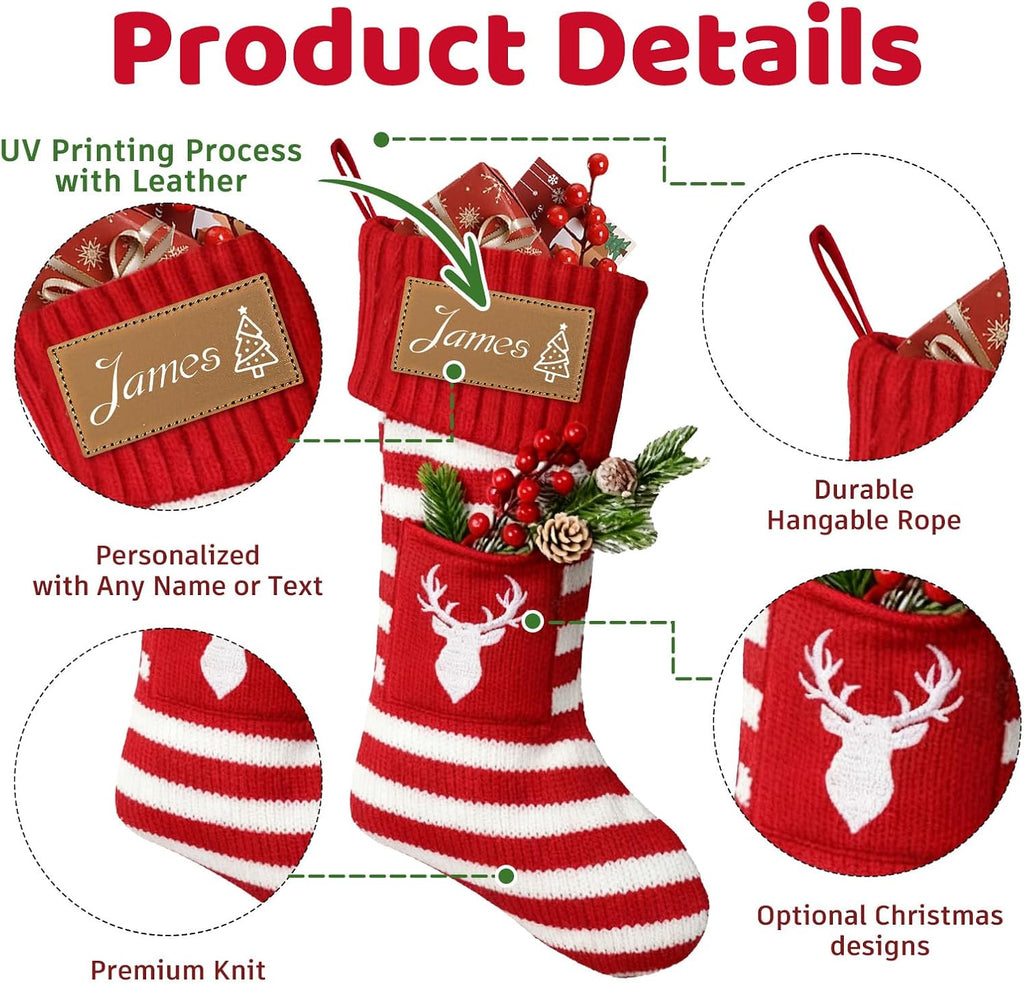 DPDP Personalized Christmas Stockings – Custom Christmas Stockings with Names, 18" Large Family Knit Stocking with Leather Nameplate, Customized Xmas Decorations for Fireplace, Gifts for Kids 1 Pack