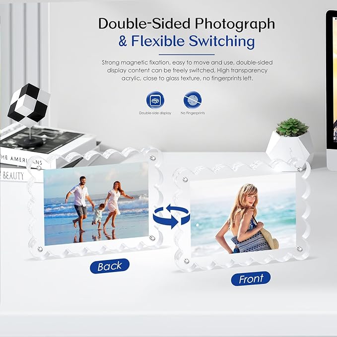 Scalloped Magnetic Picture Frame 4x6 Inch - 2Pack Clear Acrylic Photo Frame, 20mm Thick Double-Sided Magnet Design, Trendy Desktop Display for Home/Office Decor (2 Pack, 4X6)
