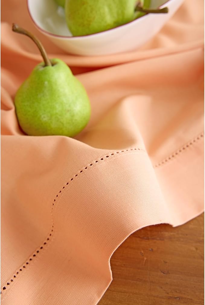 Solino Home Cotton Linen Table Runner 60 Inches - Peach Bloom Hemstitch Table Runner 14 x 60 Inch Ideal for Dresser and Coffee Tables