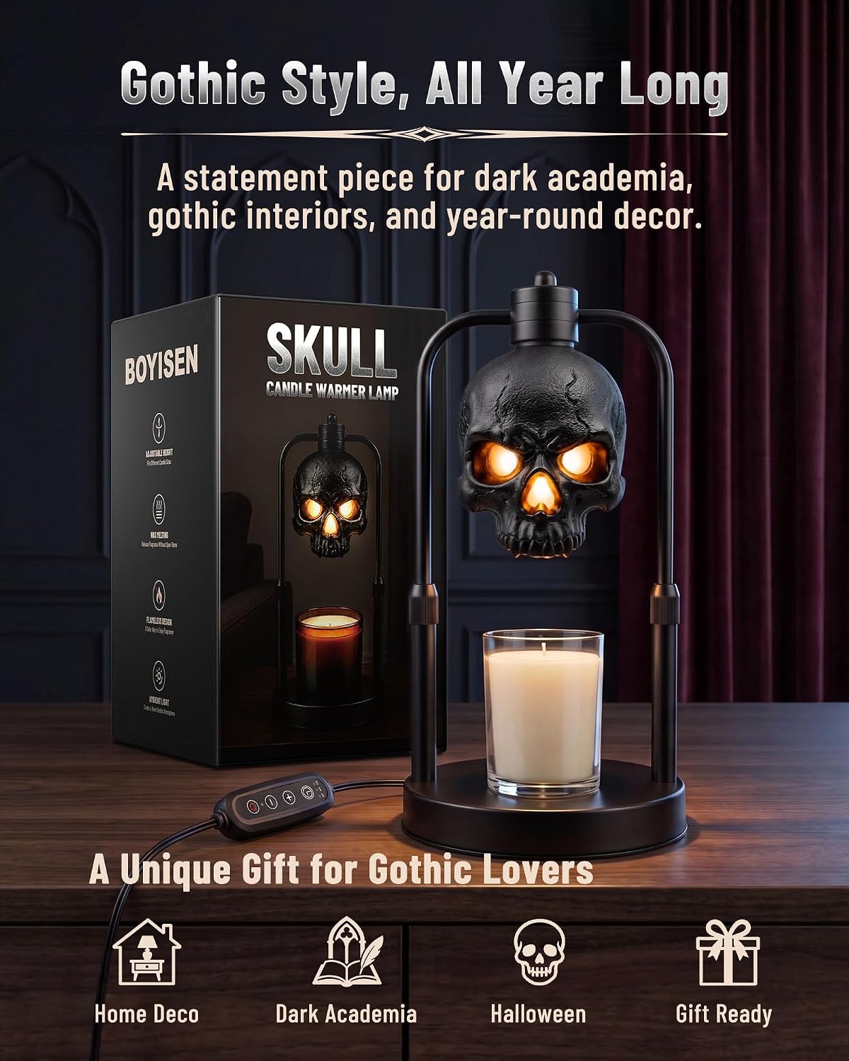 BOYISEN Skull Candle Warmer Lamp with Timer and Dimmer, Gothic Decor