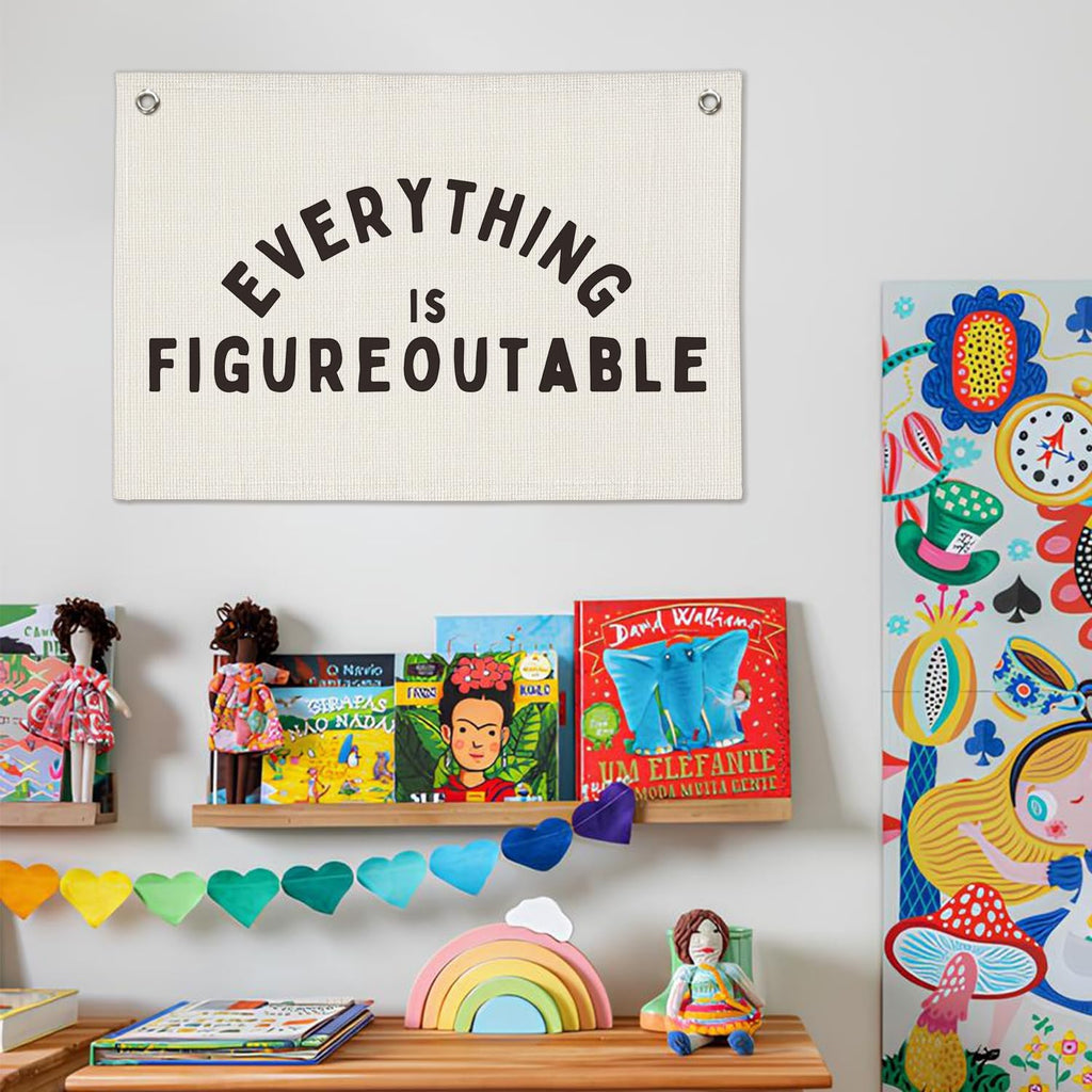 Classroom Decor, Everything is Figureoutable Inspirational Wall Decor, Office Motivational Wall Decor, Classroom Linen Canvas Banner Hanging Flag, 20x30 Inch