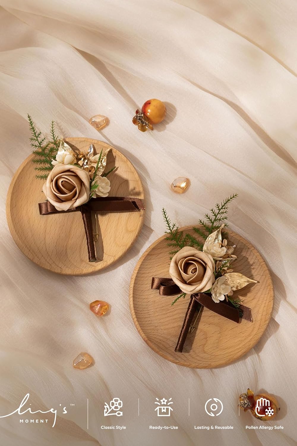 Ling's moment Boutonniere for Men, 2pcs Groom Groomsmen Guest Boutonniere, Artificial Flowers for Wedding/Prom/Homecoming, etc.Brown Golden Glove