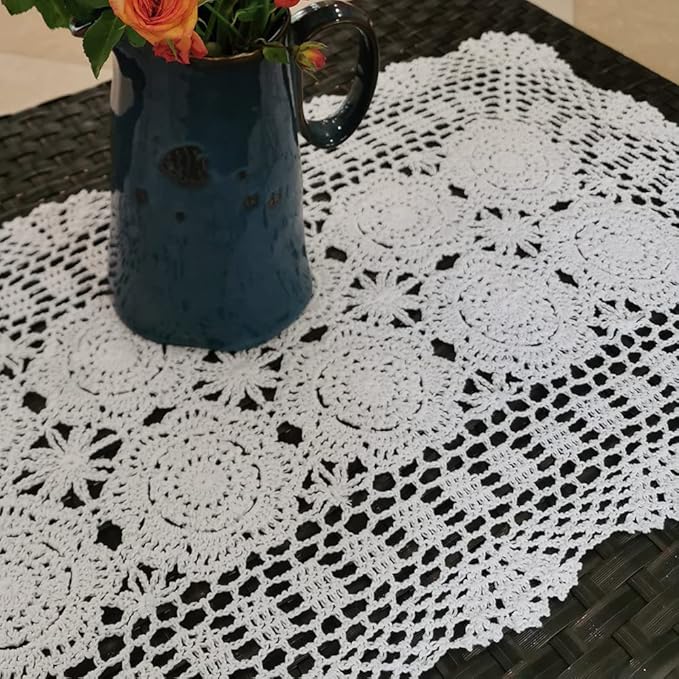 Phantomon Lace Table Runner Rectangular Table Cover Cloth Handmade Crochet Floral Placemats 100% Cotton (Floral White, 15x39Inch)
