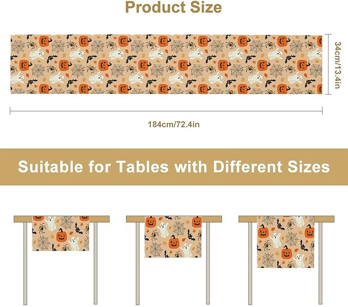 Halloween Table Runner,Cute Ghost Pumpkin Leaves Table Runner for Kitchen Dining Table Decoration Home Party Decor 13x120 Inch