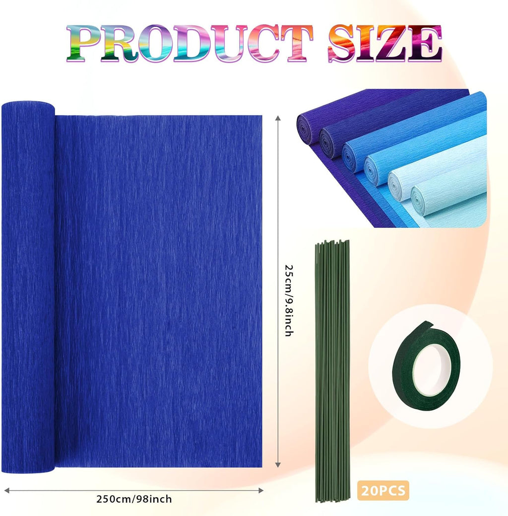 6 Rolls Crepe Paper Streamers, 10 Inch x 8 Feet (Blue) | Flower Making Kits With Floral Tape and Stem Wire for Birthday Party Wedding