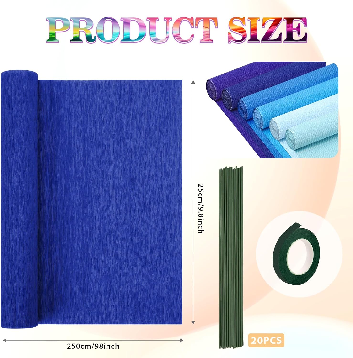 6 Rolls Crepe Paper Streamers, 10 Inch x 8 Feet (Blue) | Flower Making Kits With Floral Tape and Stem Wire for Birthday Party Wedding
