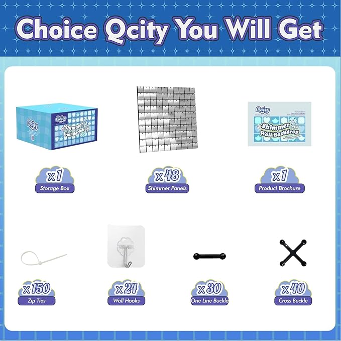 Qcity Silver Shimmer Wall Backdrop 48PCS, Black Back Not See-Through Design, Square Sequin Glitter Backdrop Panel, Perfect for Outdoor Events, Birthdays, Wedding and Party Decoration