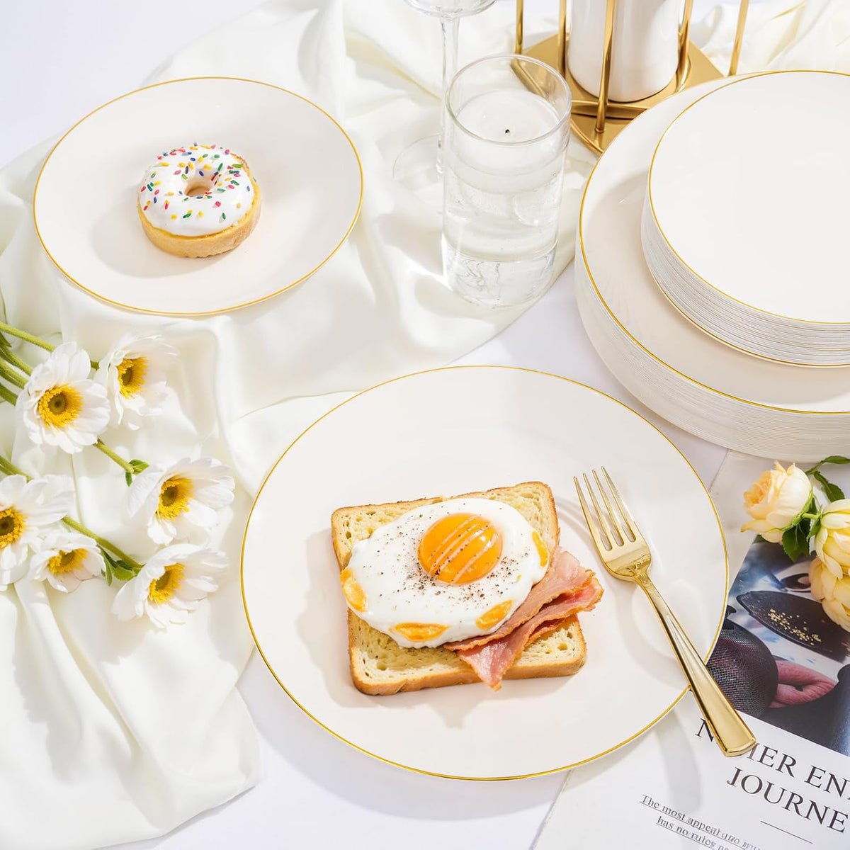 Nervure 100Pcs Ivory and Gold Plastic Plates, 7.5″Disposable Dessert Plates