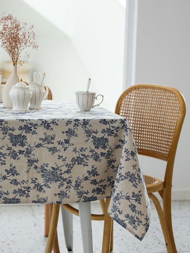 Pastoral Square Tablecloth - 60 x 60 Inch - Beige Linen Table Cloth - Washable Table Cover with Dust-Proof Wrinkle Resistant for Restaurant, Picnic, Indoor and Outdoor Dining, Floral (Dark Blue)