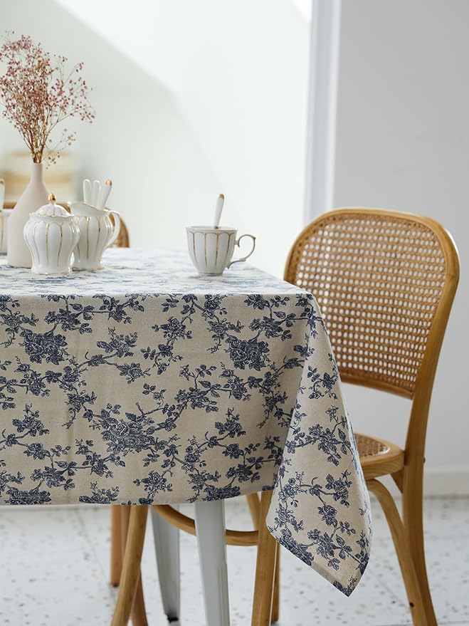Pastoral Square Tablecloth - 40 x 40 Inch - Beige Linen Table Cloth - Washable Table Cover with Dust-Proof Wrinkle Resistant for Restaurant, Picnic, Indoor and Outdoor Dining, Floral (Dark Blue)