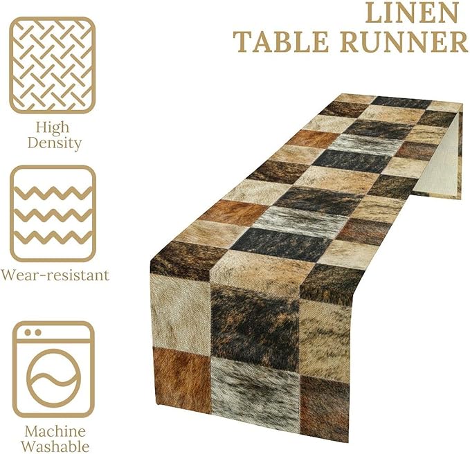 Rustic Cow Skin Patchwork Print Table Runner, Farmhouse Country Western Style Fur Table Cover for Dinning Home Party Holidays Home Setting, 13x90 Inch