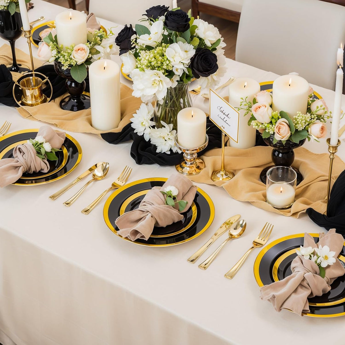 supernal 120-pack black and gold plastic plates, 60 showing dimensions