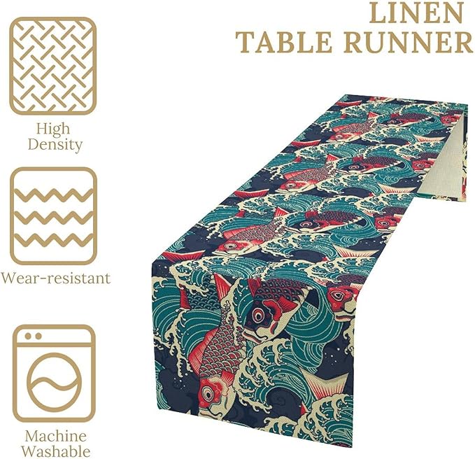 Kio Fish Table Runner Waves Japanese Tradition Art Printed Burlap Runner Home Kitchen Dining Table Living Room Decor Fabric 1 Panel W13xL120in