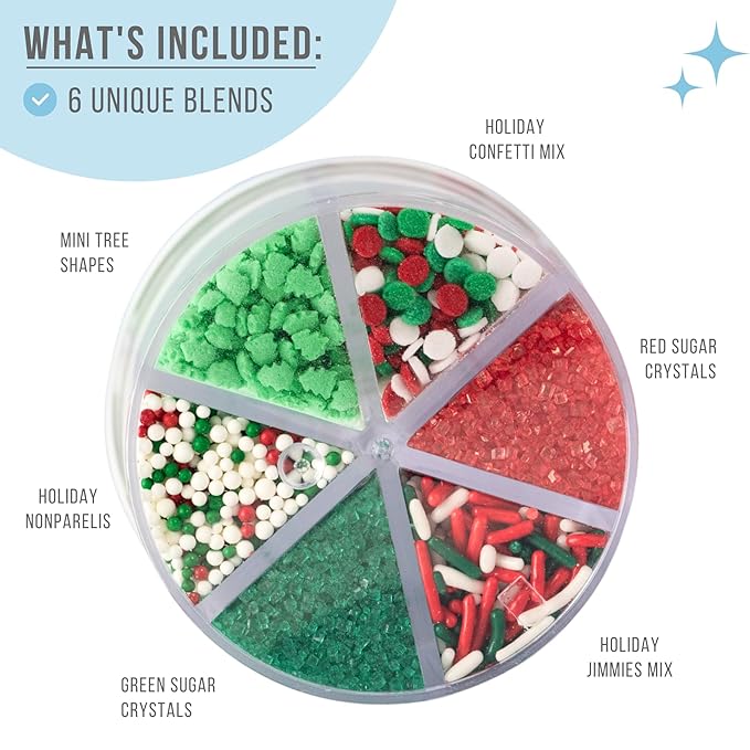 Sweets Indeed Christmas Sprinkles Mix – 6-Cell Holiday Assortment 6.45 oz | Edible Jimmies, Nonpareils & Sugar Pearls for Decorating Christmas Cookies, Cupcakes, Cakes & Holiday Desserts