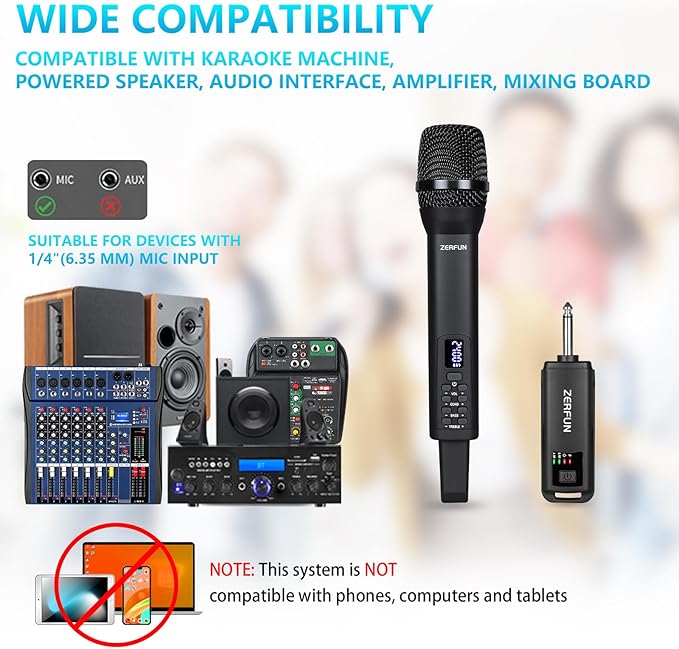Rechargeable Wireless Microphone, Pro Handheld Cordless Mic System with Echo Treble BASS VOL Control for Karaoke Singing Church Party, 1/4'' Output, Black