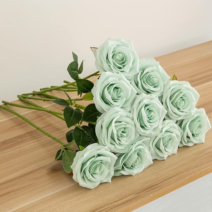 Artificial Rose 10pcs Open Flower Bouquet Sage Green Faux Rose Stems for Wedding Arrangement, Bridal Bouquet, Centerpiece, Fake Faux Silk Flowers