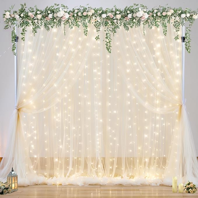 Champagne Tulle Photo Backdrop Curtain with Lights String for Parties Wedding Bridal Shower Sheer Champagne Curtain Backdrop for Birthday Baby Shower Photo Booth Photography 10ft x 8ft