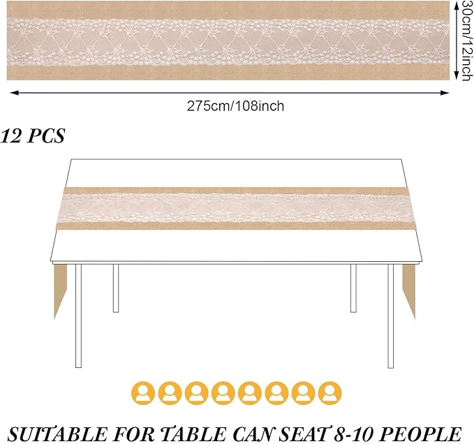 Xinnun 12 Pcs Burlap Table Runner with Lights 12 x 108 Inches Burlap Lace Table Runner Rustic Wedding Decorations Home Party (Vine)