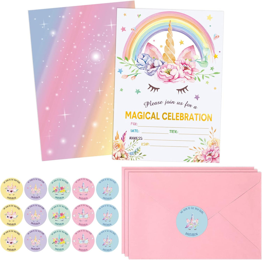 Spakon 24 Pack Unicorn Birthday Invitation for Girls Boys Party Invitation Card 24 Envelope 30 Rainbow Sticker Labels for Birthday Baby Shower Party Supplies