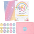 Spakon 24 Pack Unicorn Birthday Invitation for Girls Boys Party Invitation Card 24 Envelope 30 Rainbow Sticker Labels for Birthday Baby Shower Party Supplies