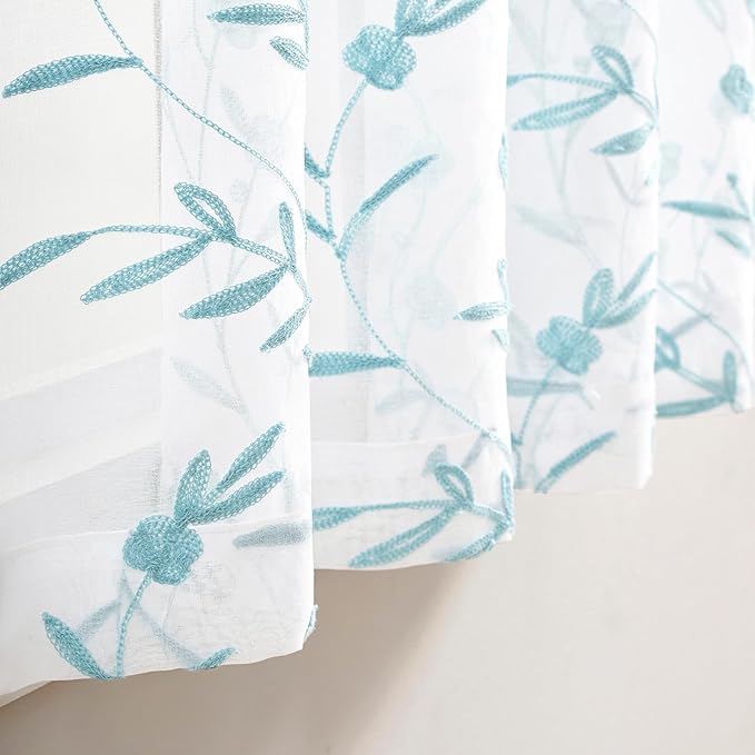 Sheer Curtains White-Blue 45 Inches Long Floral Embroidery Rod Pocket Voile Drapes for Living room, Bedroom, Window Treatments Semi Lace Outdoor Curtain Panels for Yard, Kitchen, Set of 2, 52"x 45".