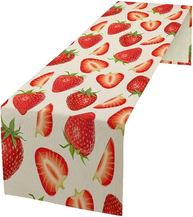 Strawberry Table Runner Spring Summer Wild Berry Fruit Theme Dinner Runner for Girl Baby Shower Party Holiday Home Kitchen Dining Table Decor 13x120