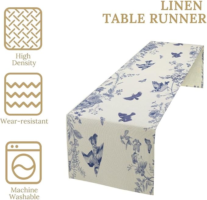 Monochrome Sketch Flowers Bird Table Runner, Seasonal Spring Fall Plants Blue Florals Dinner Runner for Home Kitchen Dining Table Party Holiday Decoration 13"x90"