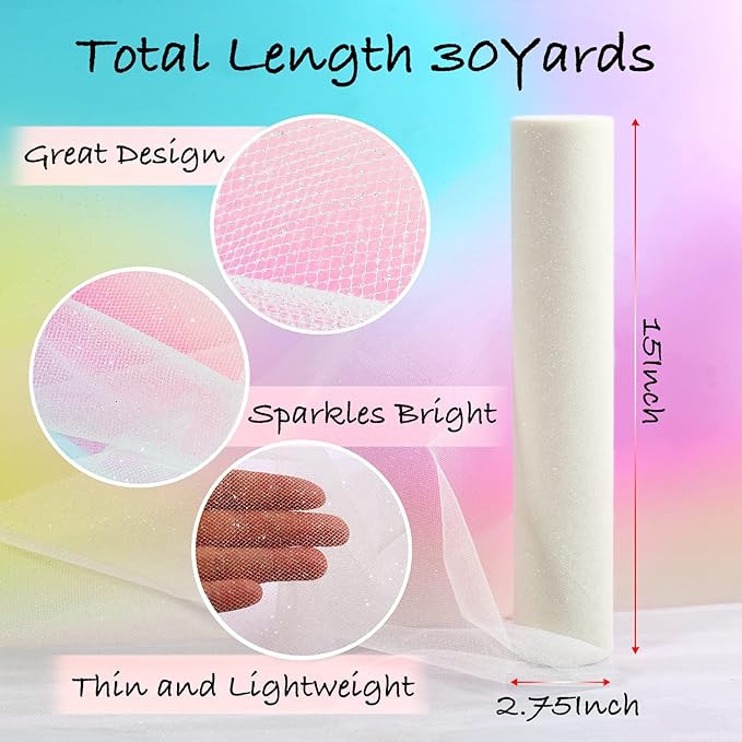 ICOSHOW Sparkling Tulle Rolls, 15” by 30 Yards (90FT) Glitter Tulle Spool Ribbon Fabric for Wedding Birthday Bridal Shower Tutu Skirt Party Gift Wrapping (Ivory)