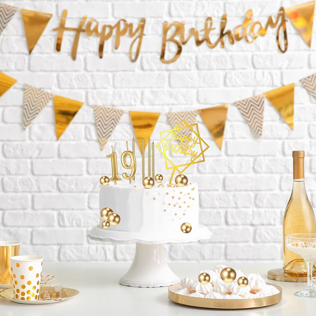 Yerliker 34 Pcs Happy Birthday Cake Toppers Decorations Birthday Candles DIY Cake Decor for Men Women Wedding Anniversary(Gold)