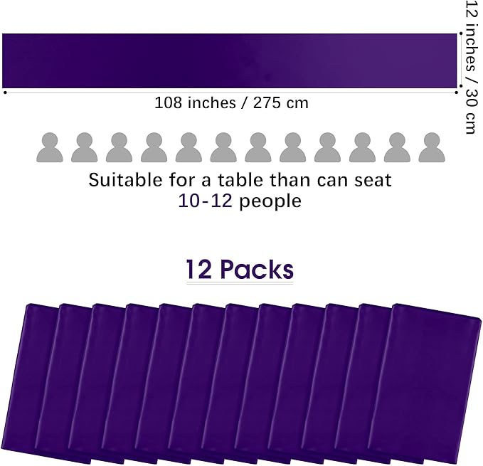 Aneco Satin 12 Pack Table Runner 12 x 108 Inch Dark Purple Long Wedding Satin Silk Table Runner for Wedding Banquet Graduations Birthday Party Decoration
