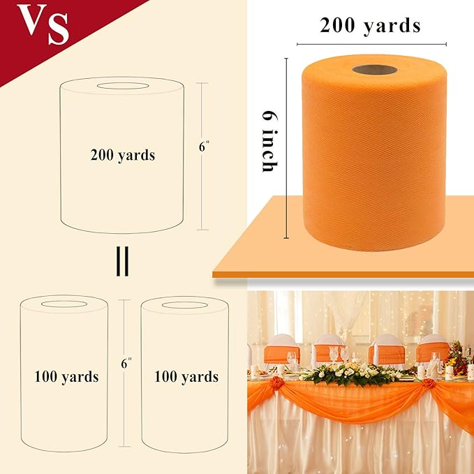 Orange Tulle Fabric Rolls 6 Inch by 200 Yards (600 feet) Fabric Spool Tulle Ribbon for DIY Orange Tutu Bow Baby Shower Birthday Party Wedding Decorations Craft Supplies