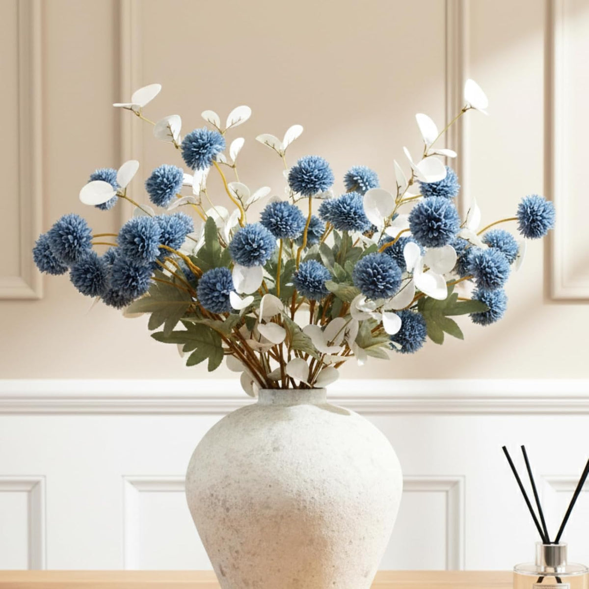 faux dusty blue flowers, 12 blue and white, main product view