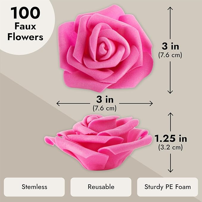 Juvale Artificial Roses - 3 in Heads, 100-Pack, Hot Pink - Faux Flowers for Vase & Wedding Decor - Centerpiece Table Decorations & Bridal Bouquet