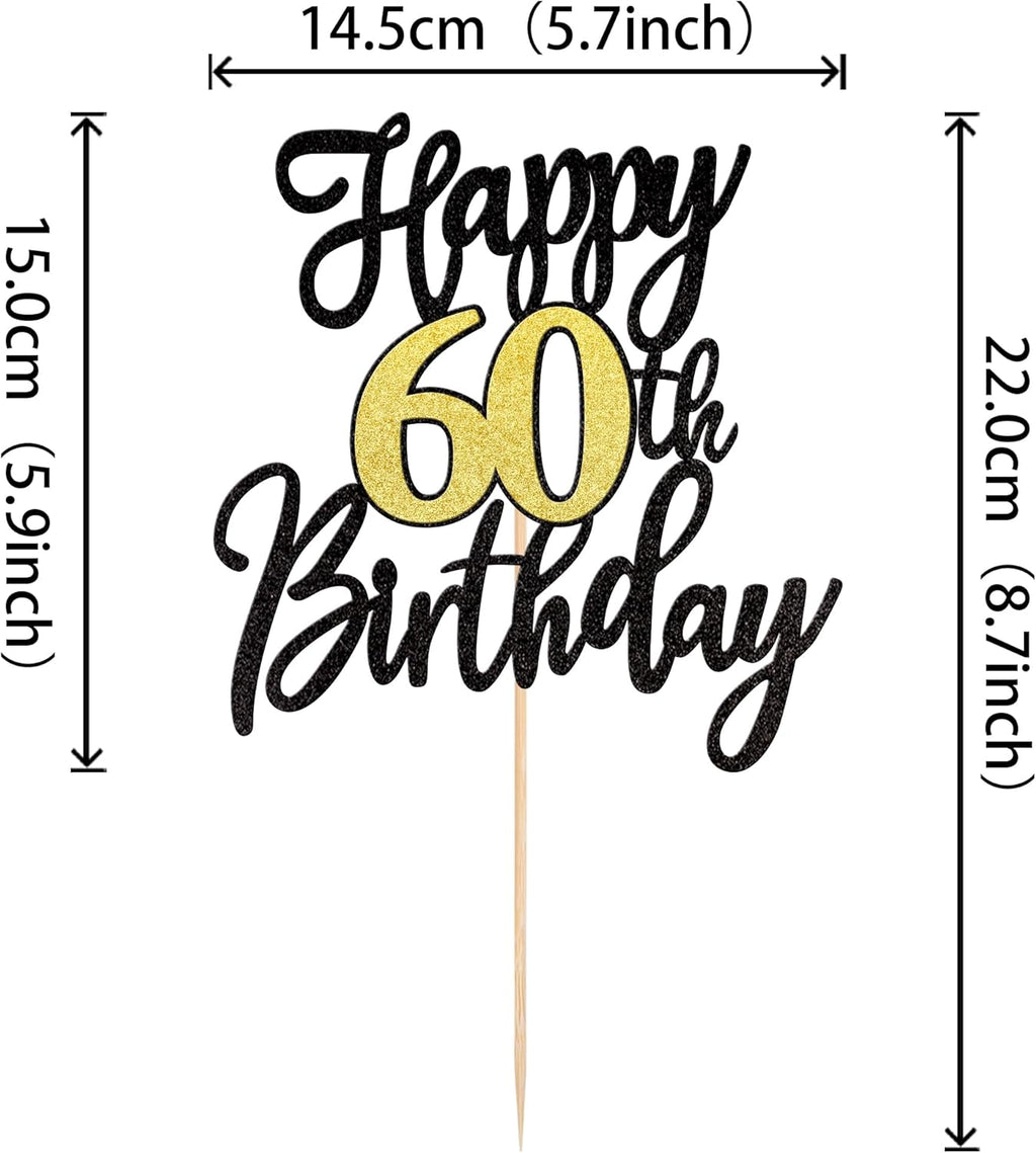 1 PCS Happy 60th Birthday Cake Topper Black Gold Glitter Cheers to 60 Years Birthday Cake Pick 60 Fabulous Cake Decoration for Happy 60th Birthday Anniversary Party Cake Decorations Supplies
