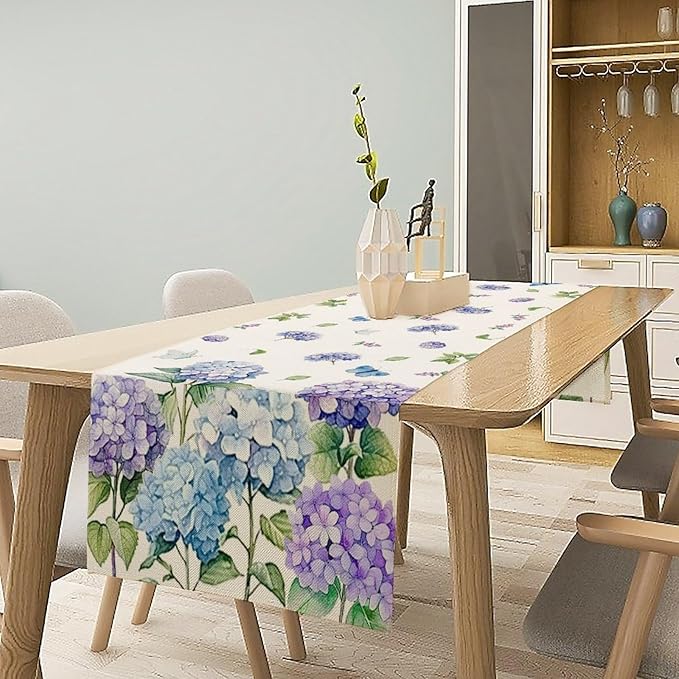 Spring Hydrangea Flower Table Runner, Seasonal Summer Plants Watercolor Florals Butterfly Dinner Runner for Home Kitchen Dining Table Party Holiday Decoration 13"x70"
