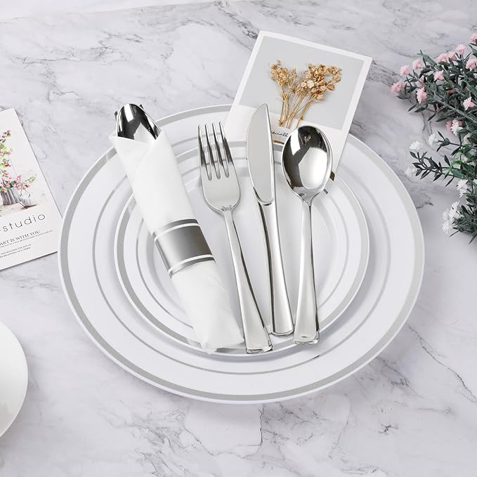 BESTVIP 50 Pack Pre Rolled Silver Plastic Silverware Set, Disposable Wrapped Cutlery Set with 50 Napkins, 50 Knives, 50 Forks and 50 Spoons for Party, Birthday