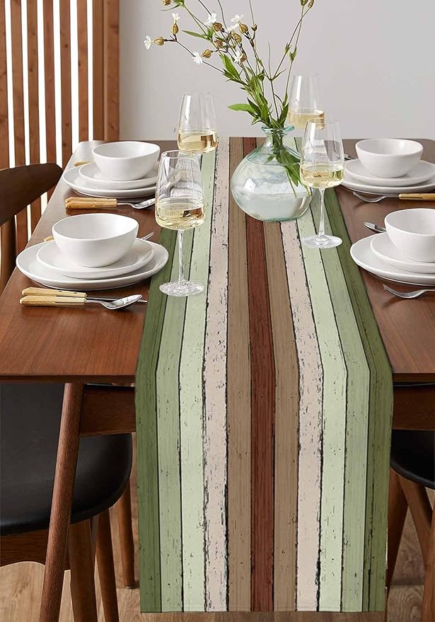 Sage Green Wooden Cotton Linen Table Runner for Dining Kitchen, Wedding Outdoor Party Tablerunners Decoration, Vintage Country Retro Distressed Grain Dresser Scarf Coffee Tablecloth Runners 13''x108''