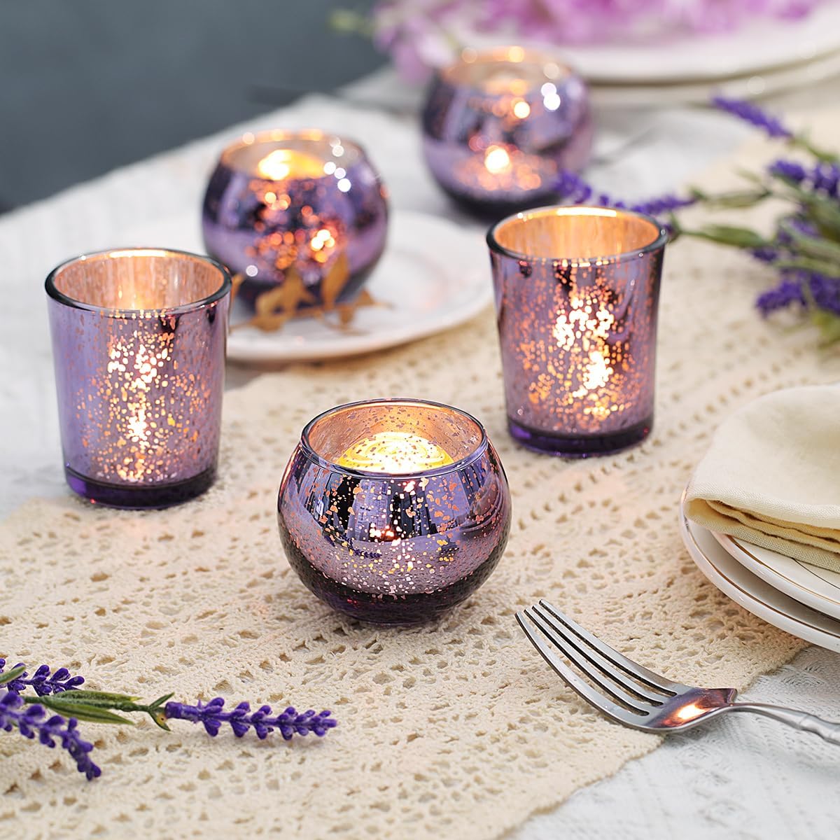 LETINE Purple Mercury Glass Votive Candle Holders - Set of 36 | Elegant Gold Tealight Candle Holders for Table Centerpieces, Weddings, Rehearsal Dinners, Halloween & Thanksgiving Decorations Indoor