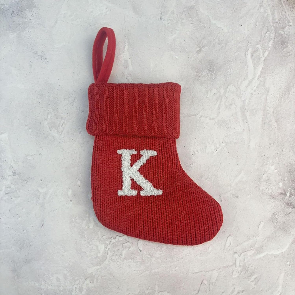 7 Inch Mini Monogram Stocking Red Christmas Initial Letter Cable Knit Stockings with Cuffs Cute Xams Alphabet Decorations for Home Family Fireplace Hanging Gifts DIY Decor (K)