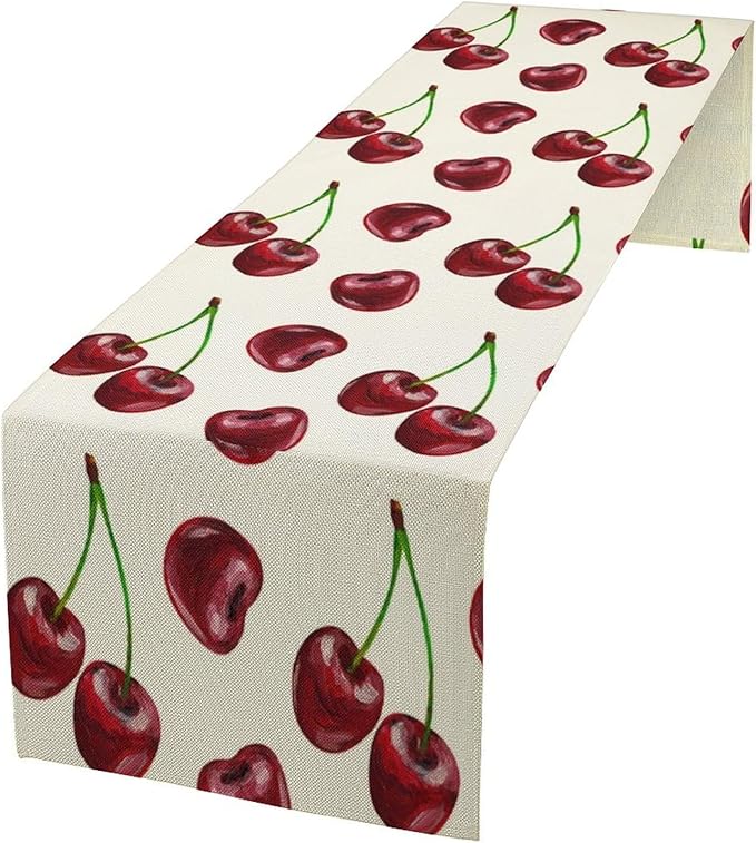 Red Cherry Table Runner Watercolor Spring Summer Wild Berry Tropical Fruit Theme Dinner Runner for Girl Baby Shower Party Holiday Home Kitchen Dining Table Decor 13x108